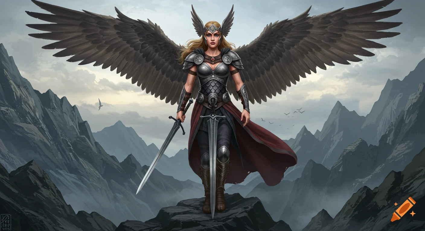 A Valkyrie with wings and swords standing on a mountain.