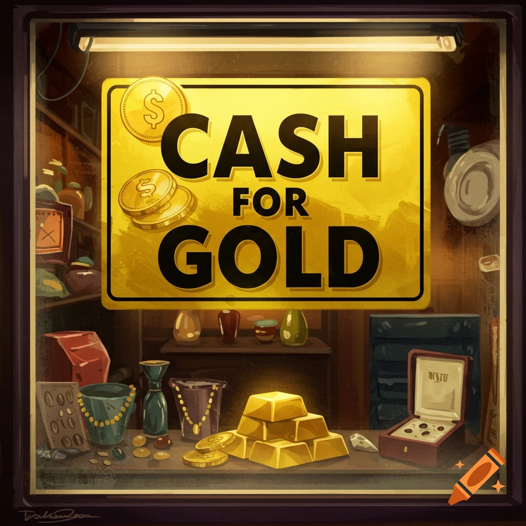 A shop window with a sign saying 'CASH FOR GOLD', showing gold bars, coins, and jewelry.