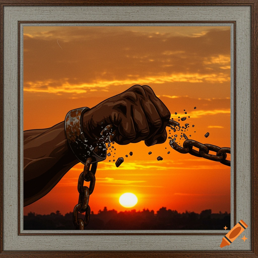 Illustration of a dark hand breaking a rusty chain against a vibrant orange sunset, symbolizing freedom.