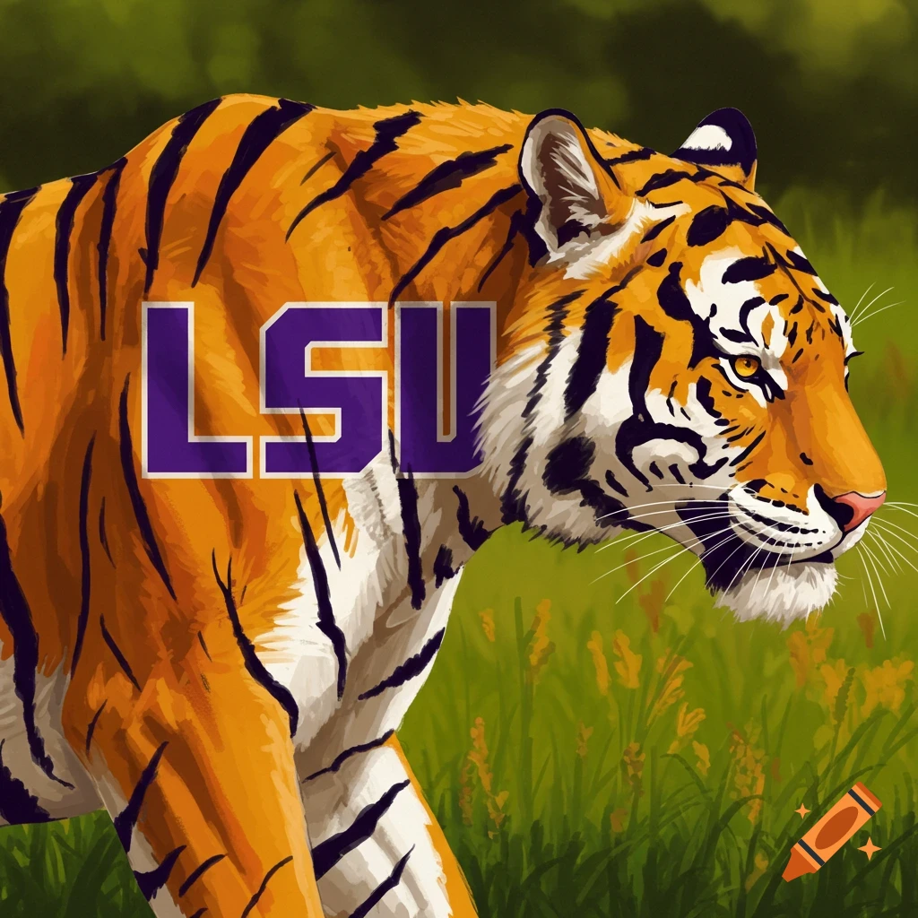 A tiger is walking through grass with large purple LSU text overlaid.