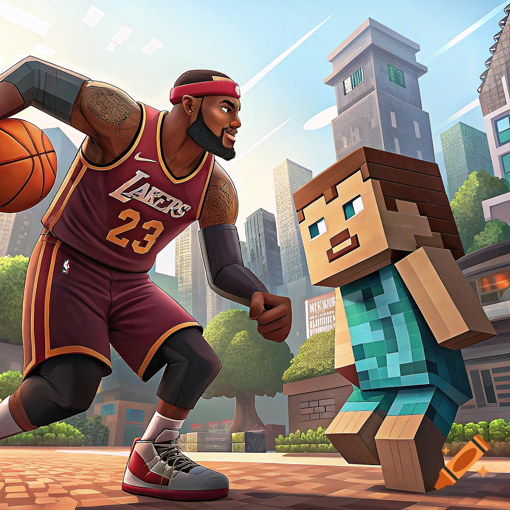 LeBron James dribbles a basketball against Steve from Minecraft in a stylized city street scene.