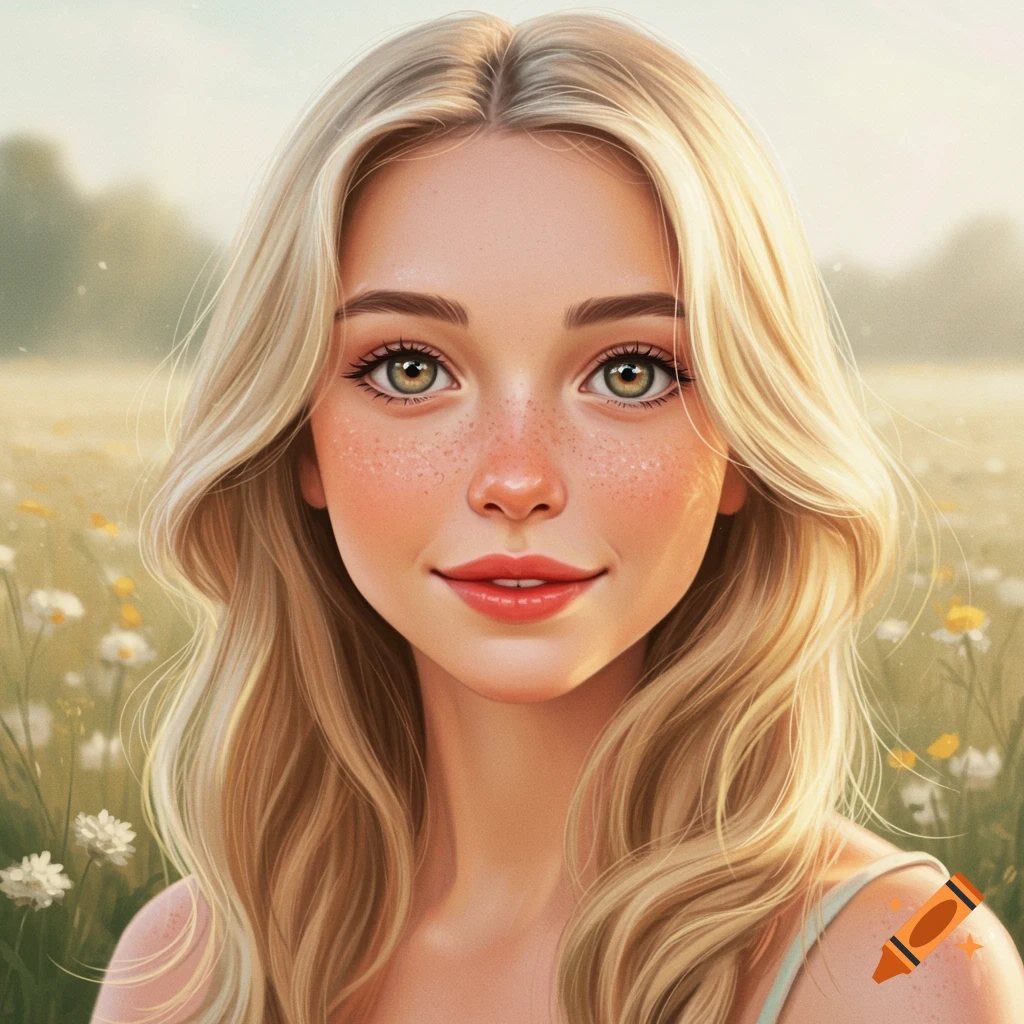 A blonde girl with freckles smiles in a wildflower field.