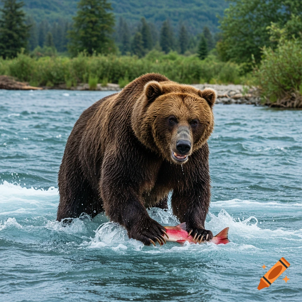 A brown bear stands in a river holding a freshly caught salmon.