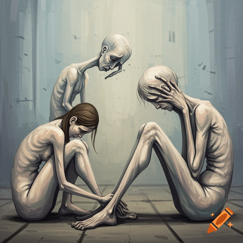 Surrealist image of three emaciated figures in distorted poses, conveying sadness and unease.