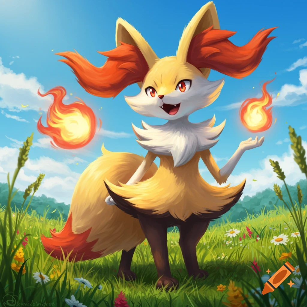 A Braixen stands in a grassy field under a blue sky, conjuring fireballs.