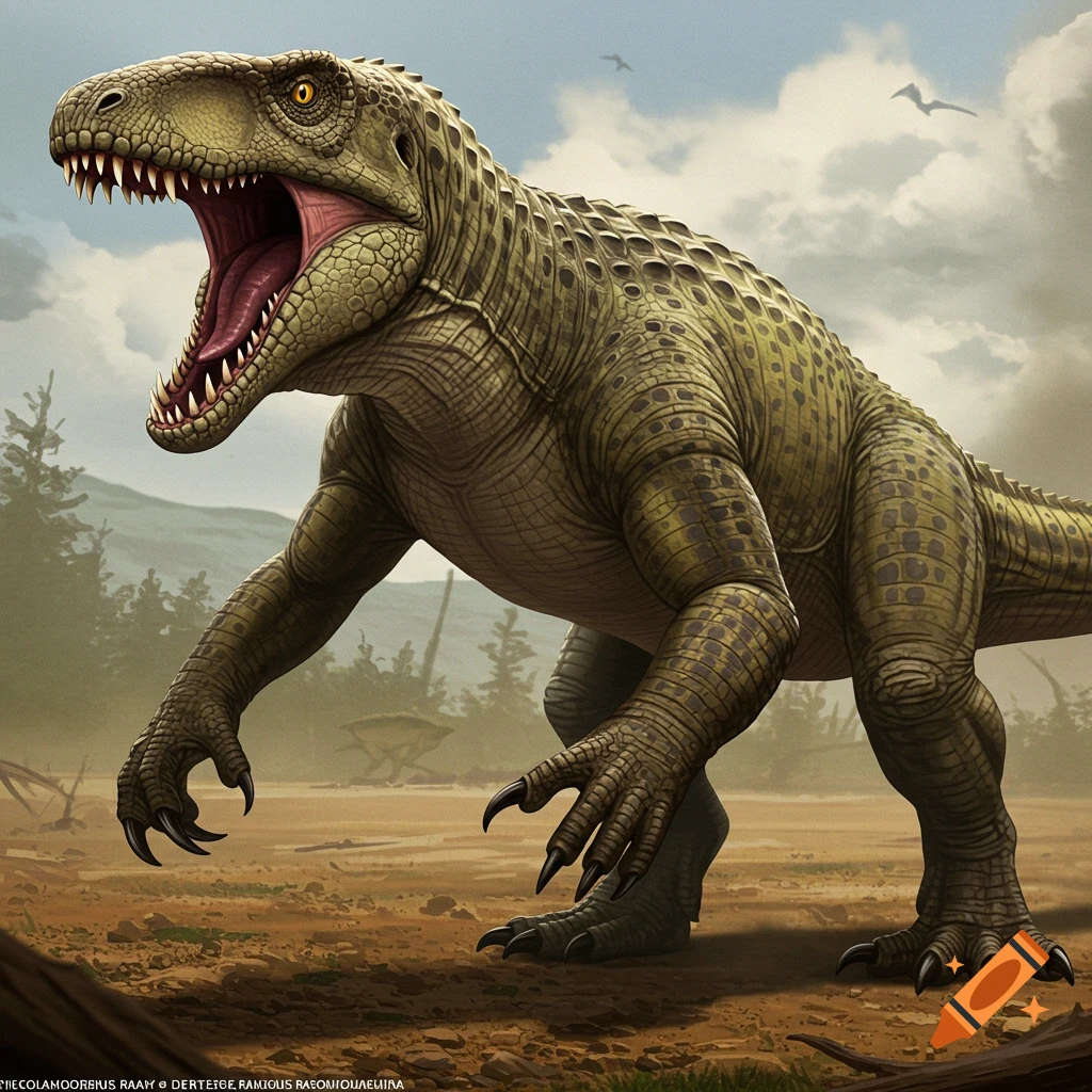 A large green dinosaur with its mouth open, standing in a landscape.
