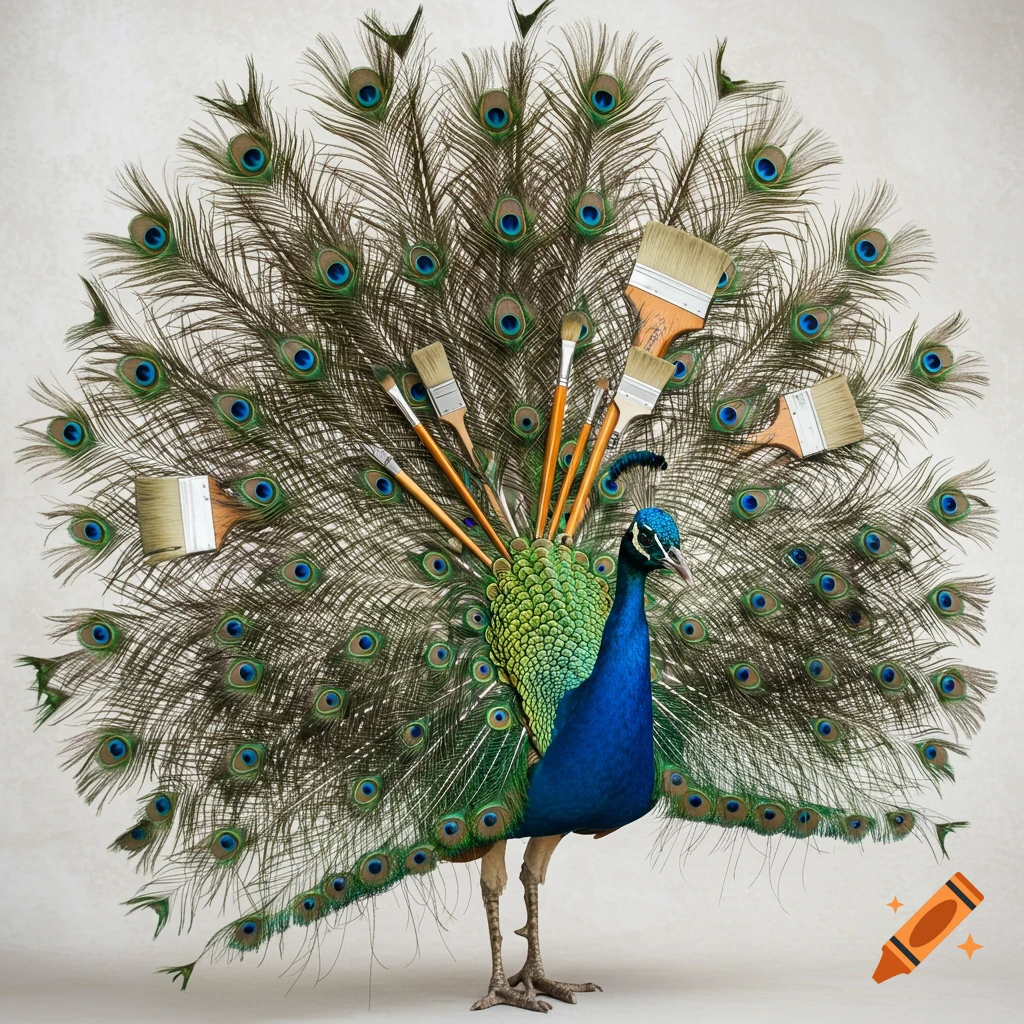 A photorealistic image of a peacock with its tail feathers fanned out, replaced by paintbrushes.