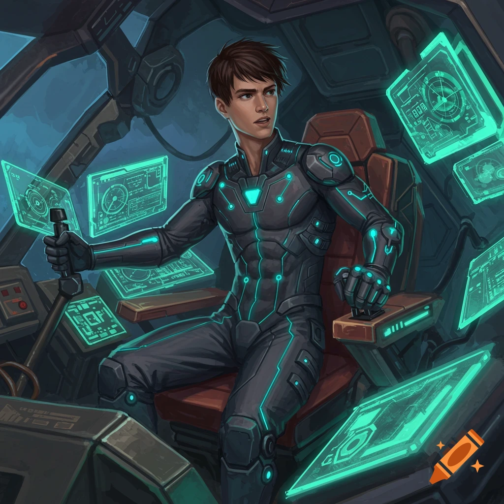 A young man in a sci-fi pilot suit sits in a mech cockpit.