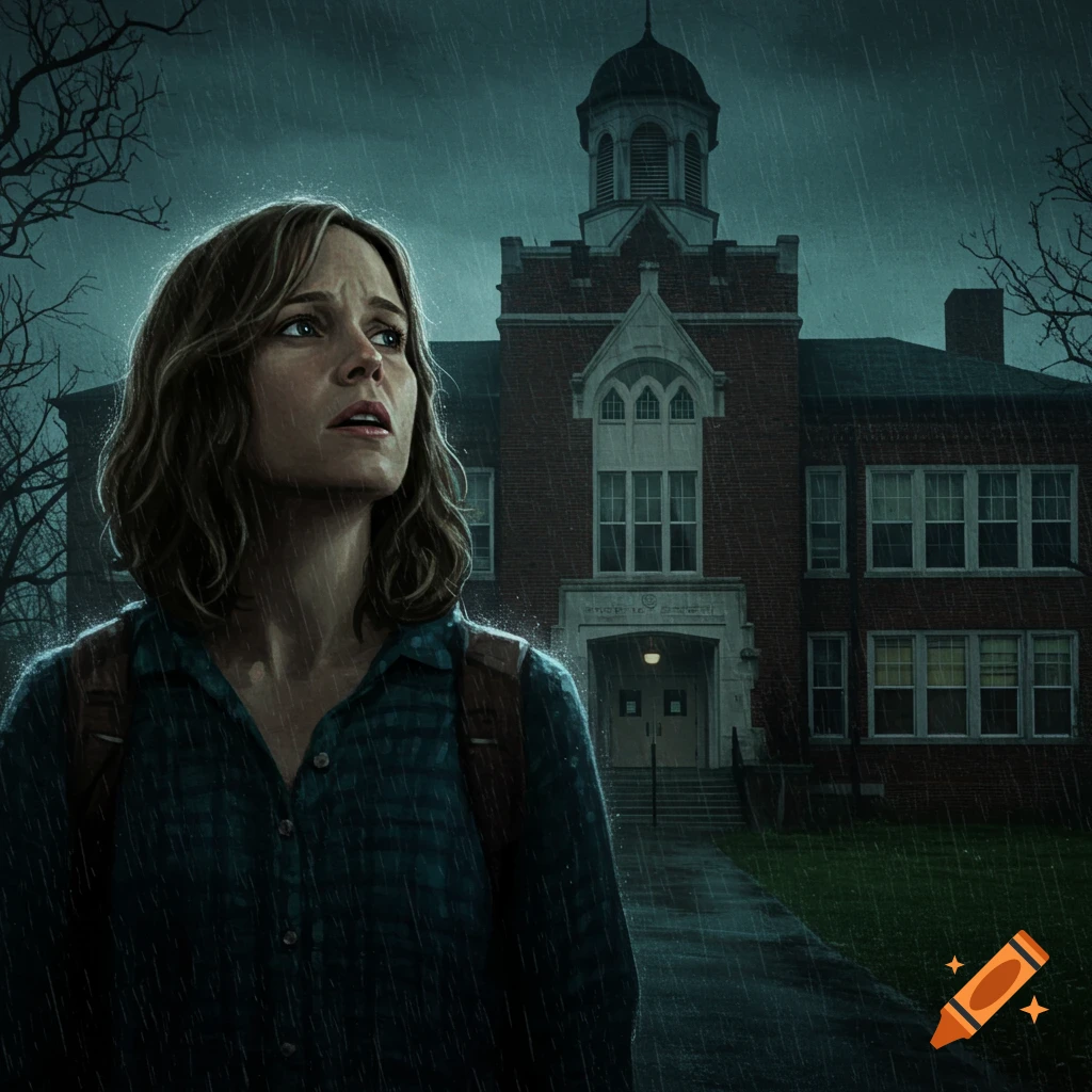 A woman looks up at a school building on a rainy, eerie night.