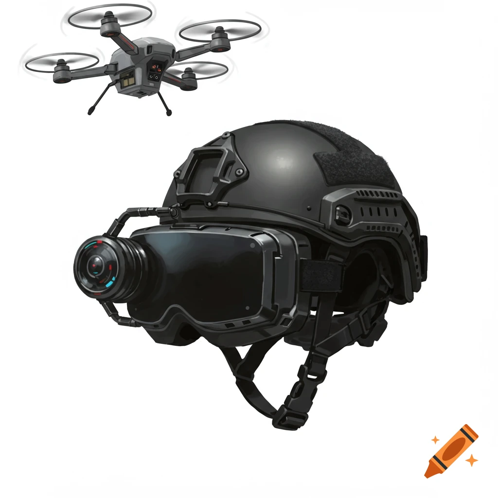 A black tactical helmet with FPV goggles is shown with a grey drone hovering overhead.