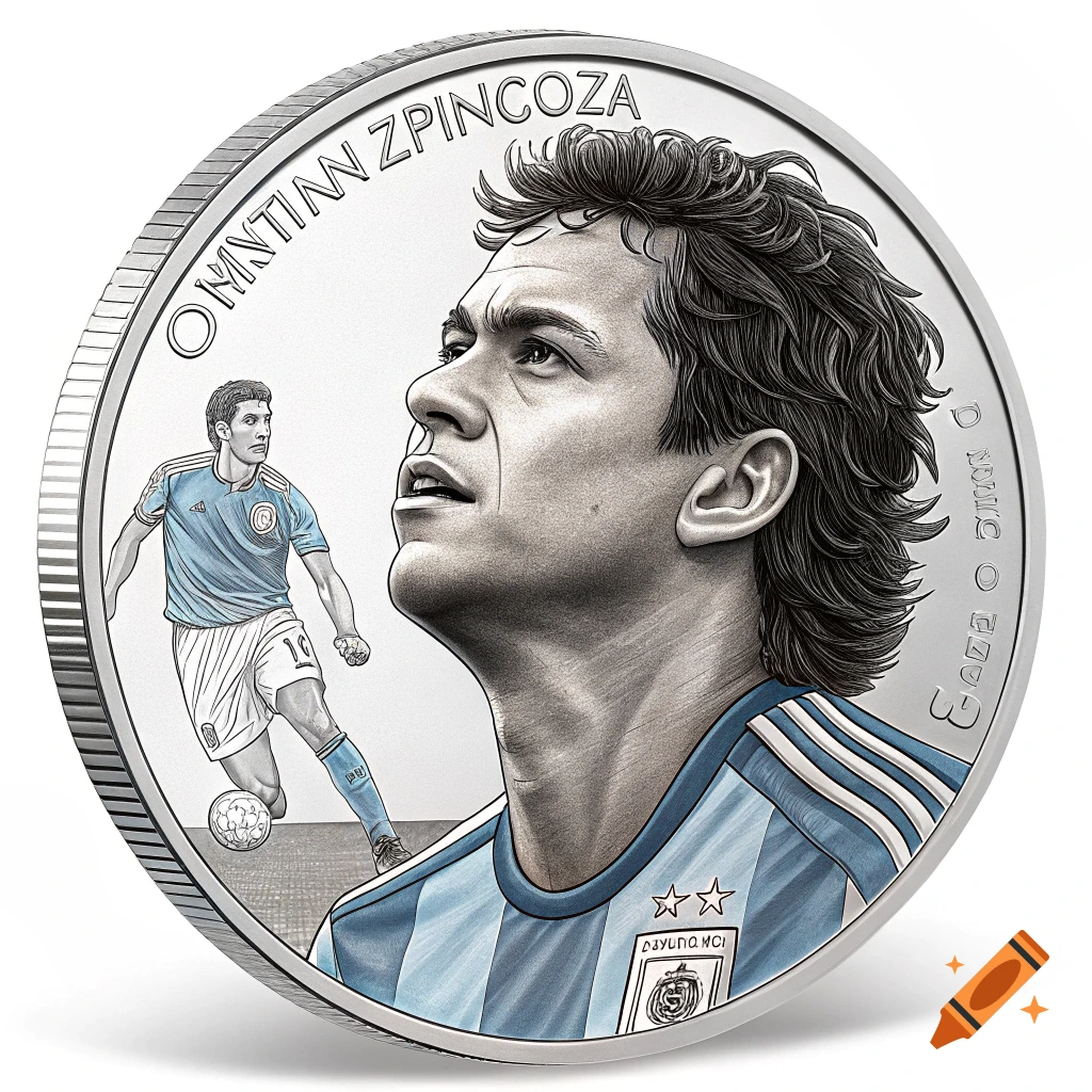 Engraved coin featuring a soccer player portrait and a smaller player kicking a ball