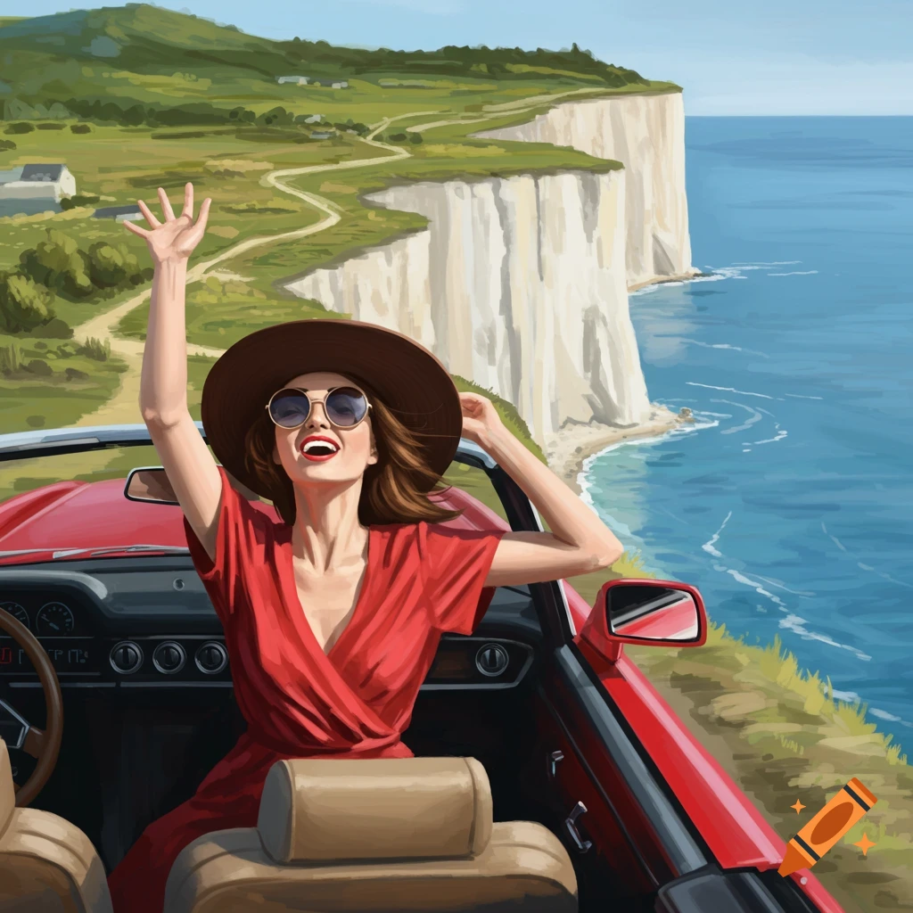 Woman in red convertible driving along a coastal cliff