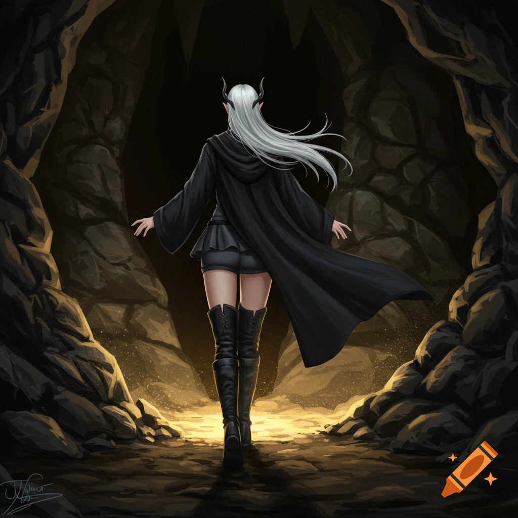A character with white hair and horns, wearing boots, shorts, and a robe, walks out of a dark cave towards a bright opening.