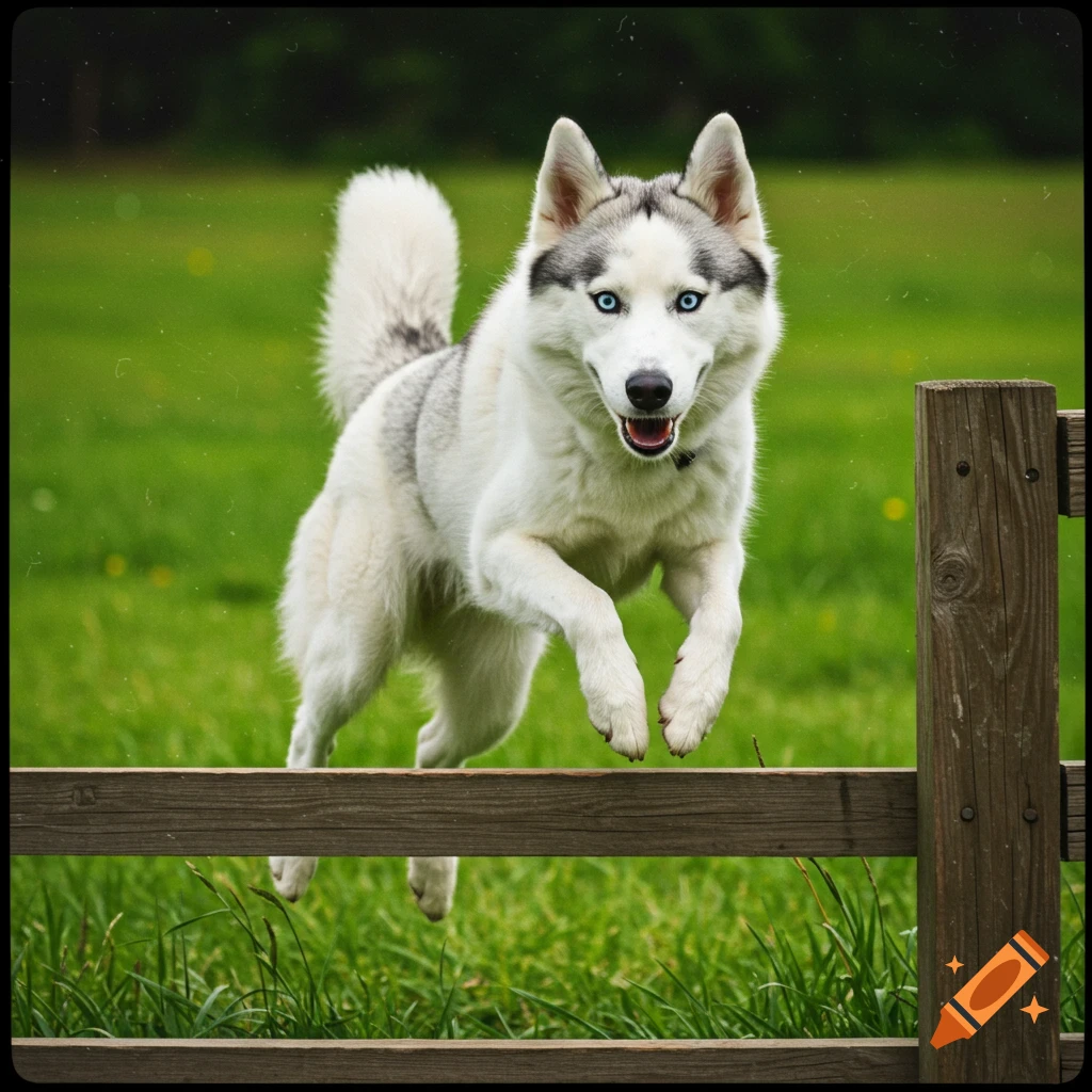 White and gray husky dog jumps over a wooden fence in a grassy field.