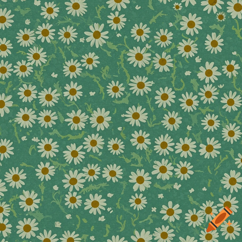 Seamless pattern of white daisies on a textured green background, retro style.