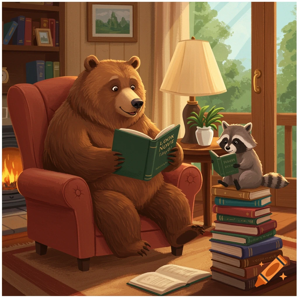 A gentle bear and a tiny raccoon sit in a cozy room, reading books together. Whimsical illustration.