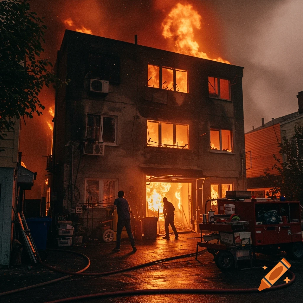 Photorealistic image of a multi-story building engulfed in flames at night, with people and a fire truck nearby.
