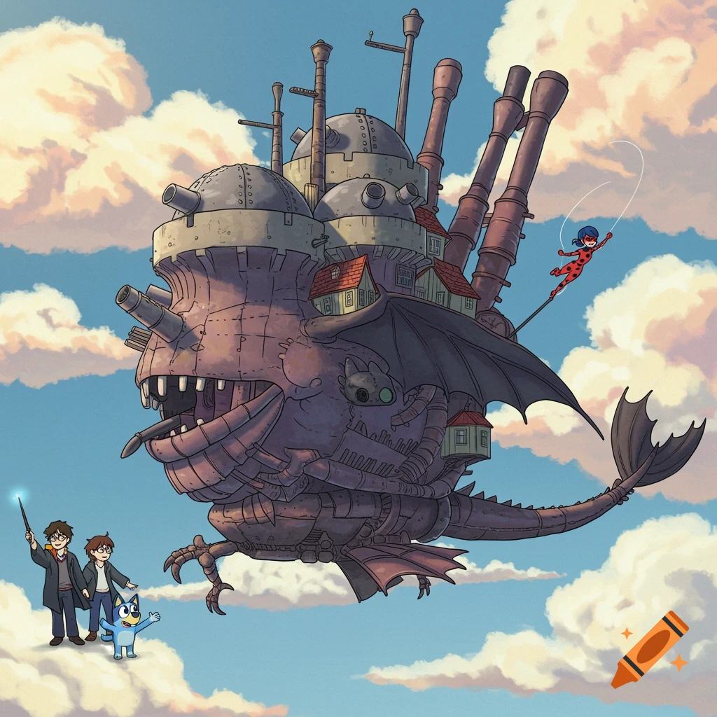 A large flying steampunk castle with characters including Harry Potter, Bluey, Ladybug, and Toothless in the sky.