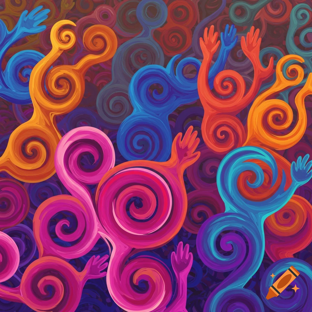 Abstract image of colorful swirling figures waving