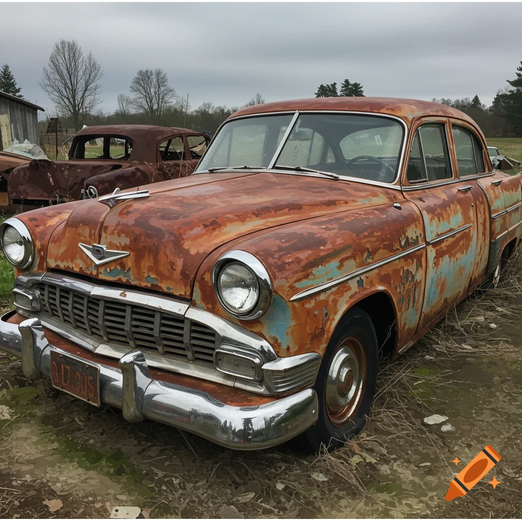 A rusty vintage car is parked in a field with other rusty cars behind it.