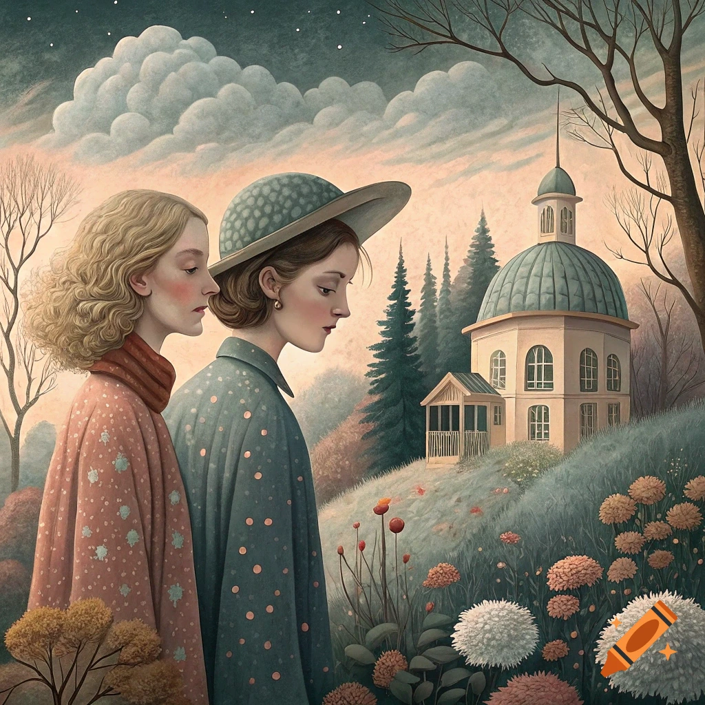Two women in patterned coats look away from a domed building in a garden landscape, painterly style.