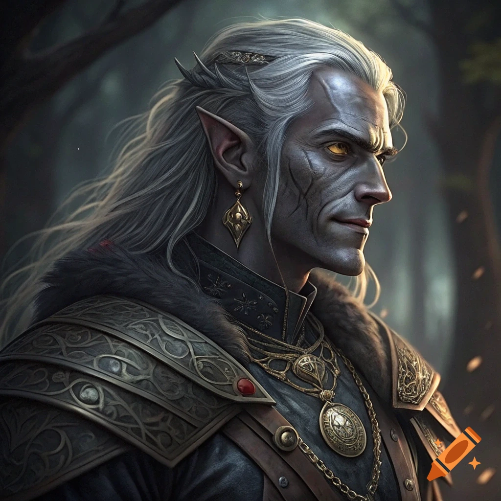 Fantasy portrait of a male elf with white hair, golden eyes, and elaborate armor in a forest