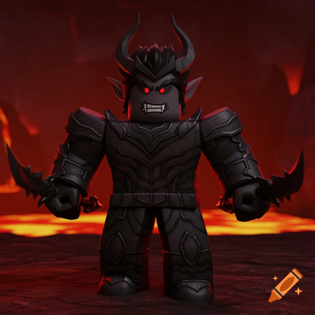 A Roblox Korblox Deathspeaker character in dark armor, with horns, red eyes, and fangs, holding weapons in a lava environment. Digital render.