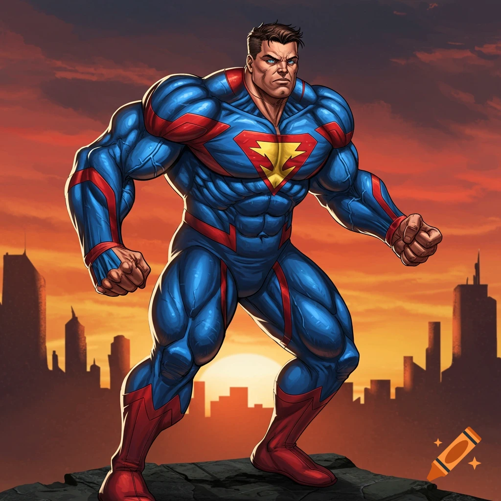 A muscled superhero in a blue and red suit stands on a rock overlooking a city skyline at sunset.