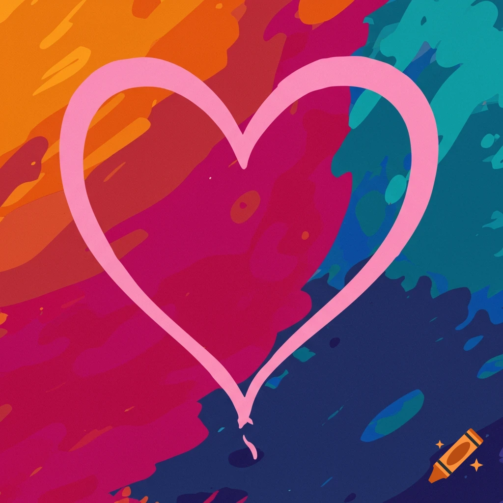 A pink heart outline on a background of colorful paint splatters.
