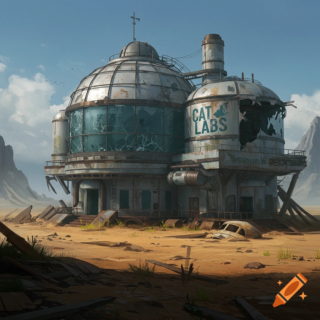 A ruined dome building with 'CAT LABS' text in a desert.