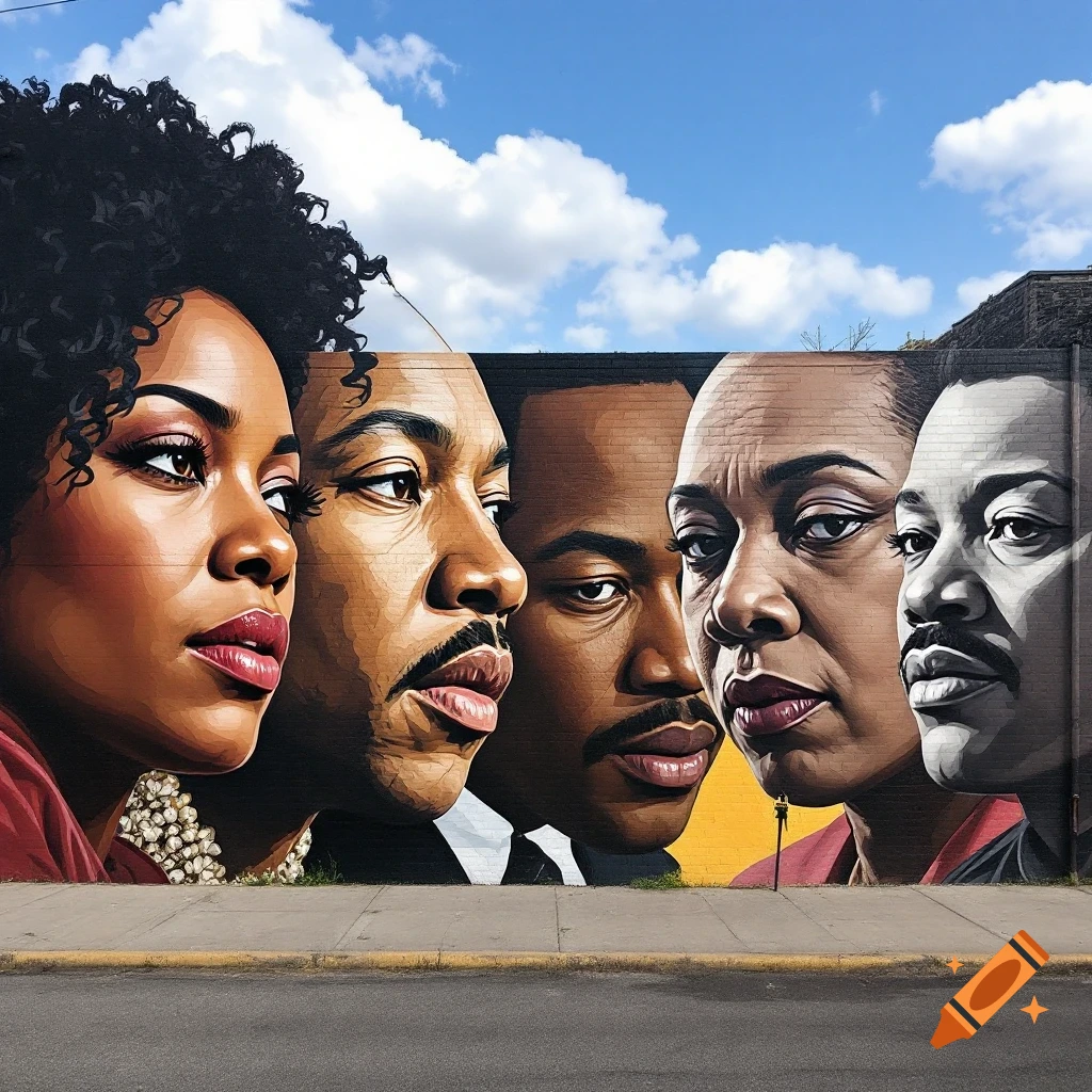 Mural of several Black historical figures on a brick wall