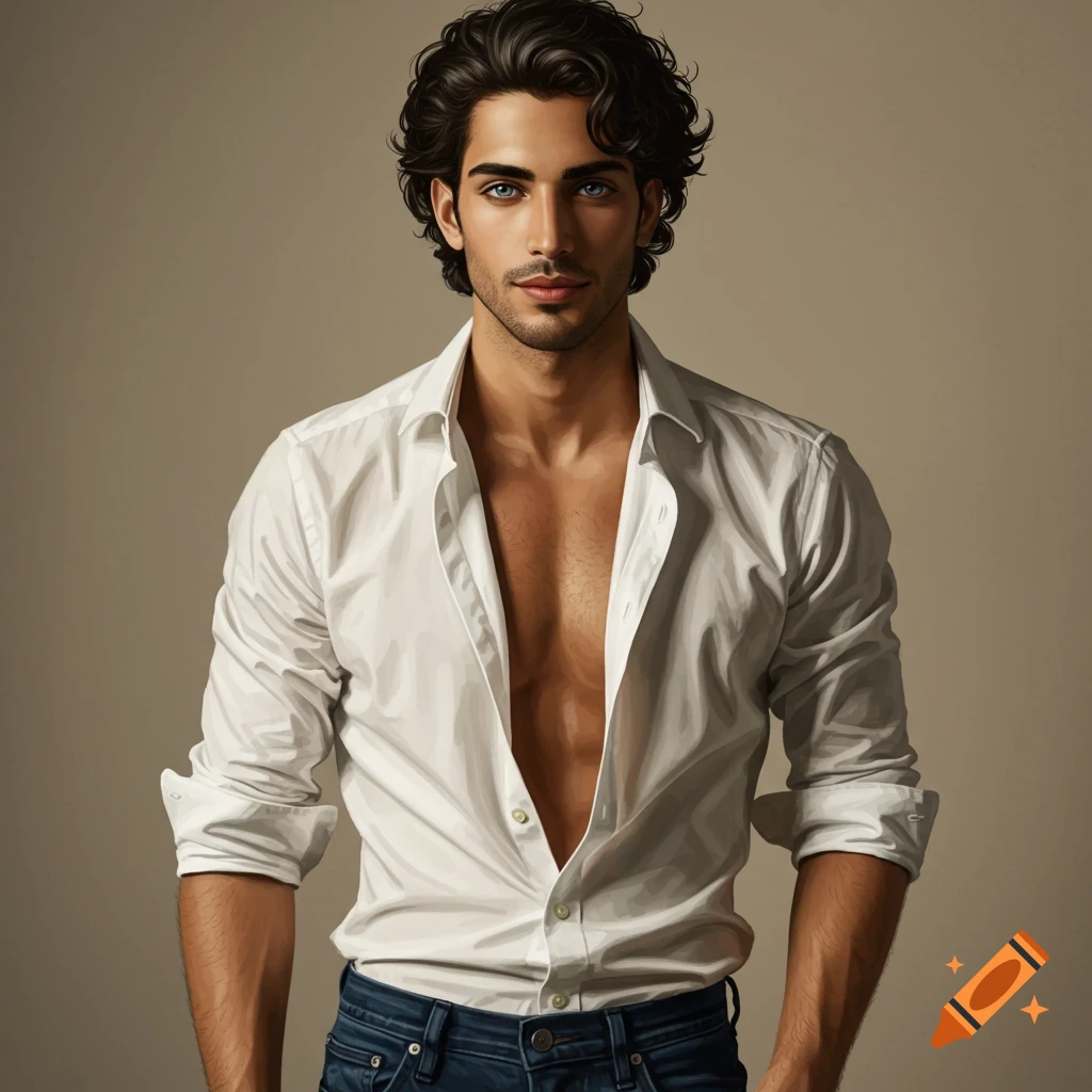A man with curly dark hair and blue eyes, wearing an unbuttoned white shirt and jeans.