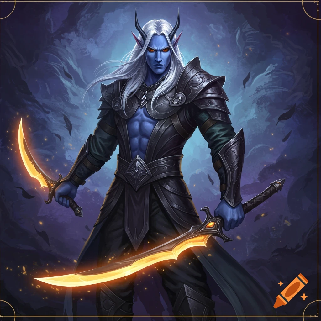 A blue-skinned male fantasy character in dark armor holding two glowing scimitars