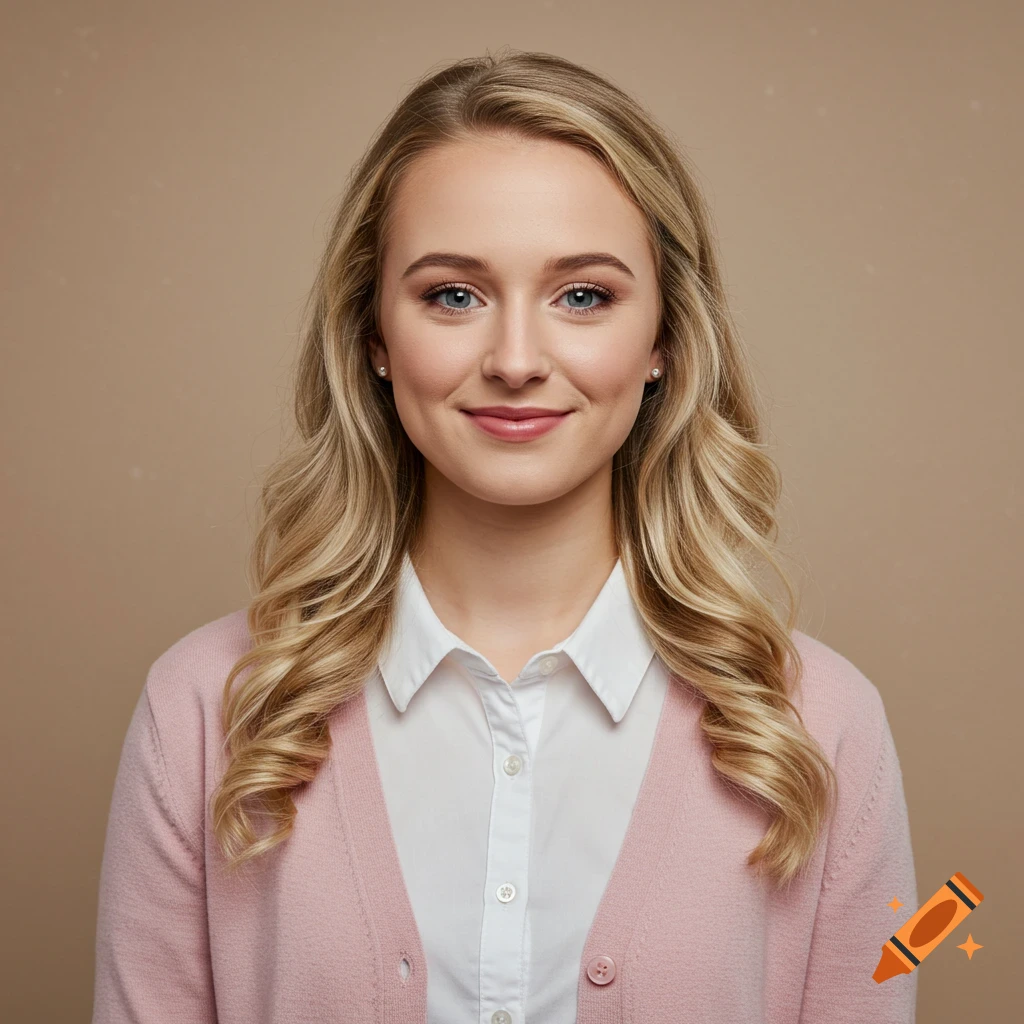 A young woman with long blonde hair and blue eyes smiles at the camera. She wears a white collared shirt and a pink cardigan.