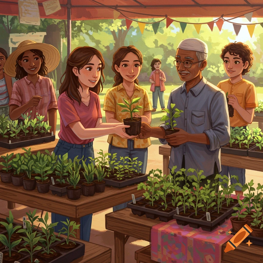People exchanging plant seedlings at a market stall.