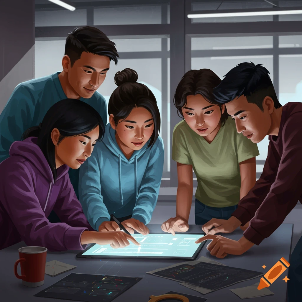 Young people working together on a tablet