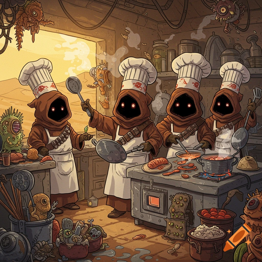 Jawas cooking in a desert kitchen