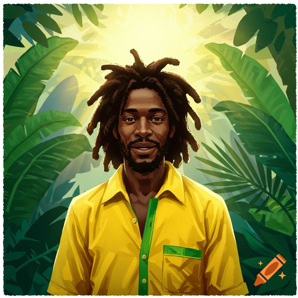 A man with dreadlocks wearing a yellow shirt, smiling in a tropical forest.
