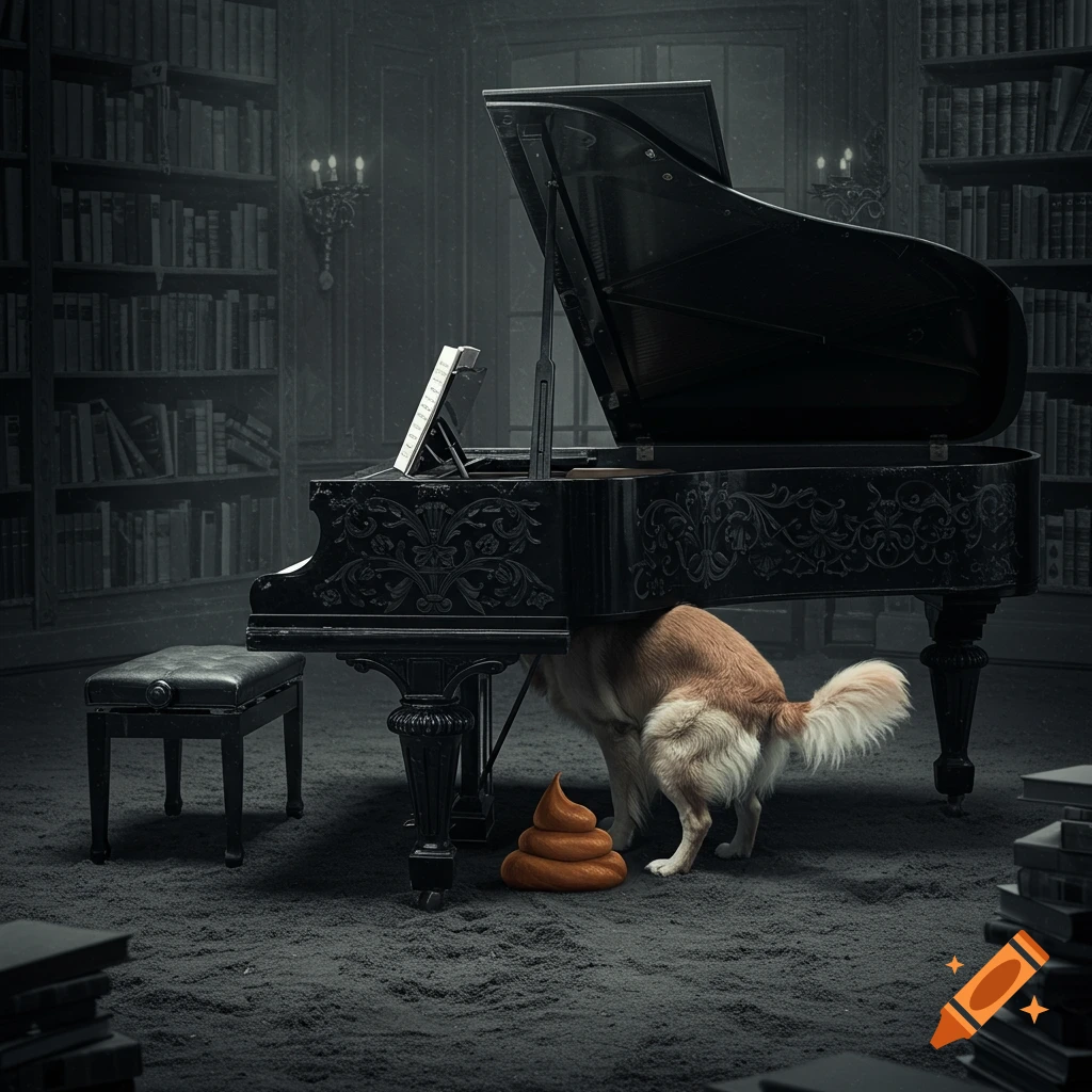 A dog pooping on the floor next to a grand piano in a library.