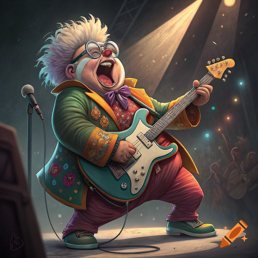 A cartoon clown enthusiastically plays a guitar on stage under a spotlight.
