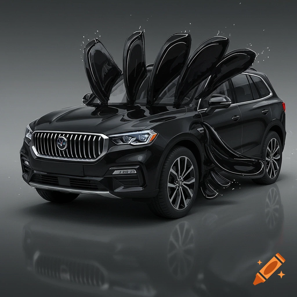 Black SUV with black petal-like structures emerging from the roof, on a dark background.
