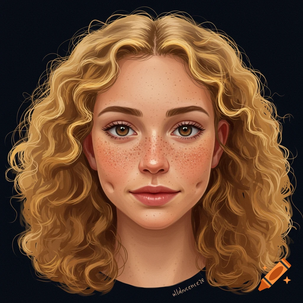 Portrait of a woman with curly blond hair and freckles