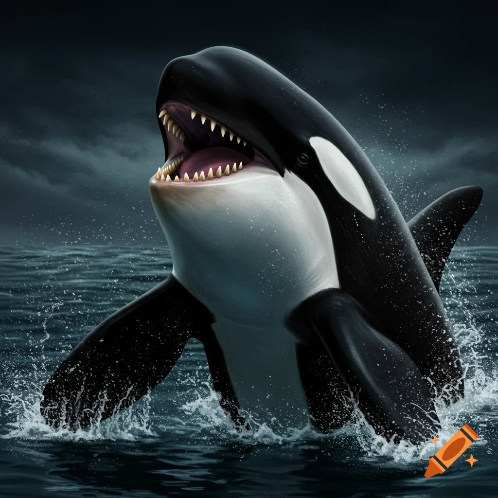 An angry orca whale breaches the ocean surface under a stormy sky.