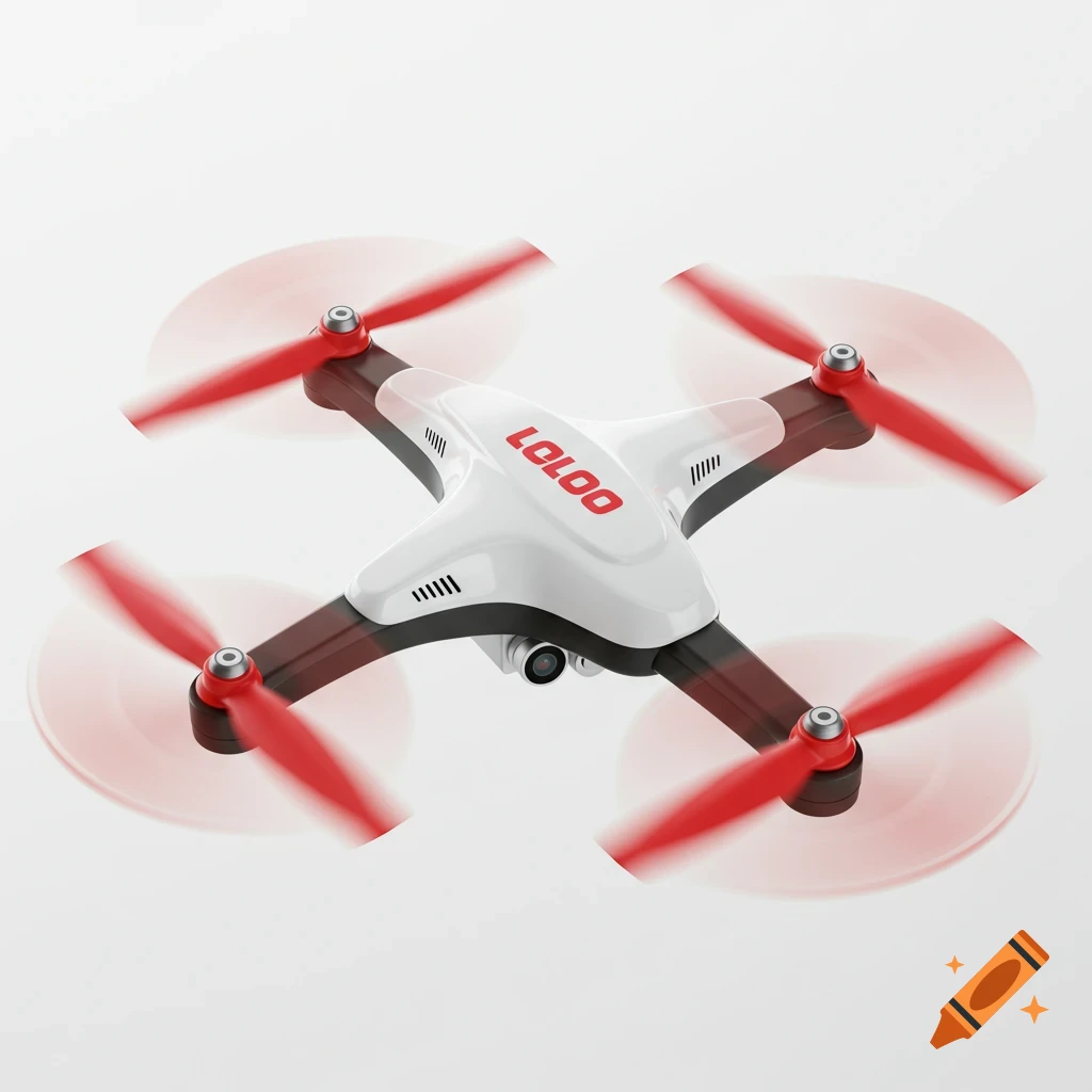 White drone with red spinning blades