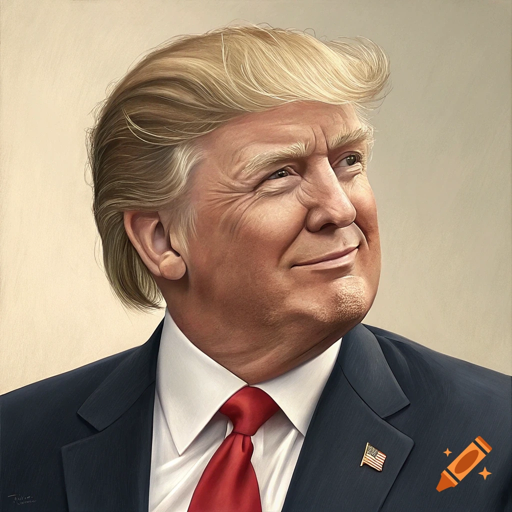 Illustration of Donald Trump wearing a suit and red tie, looking right.