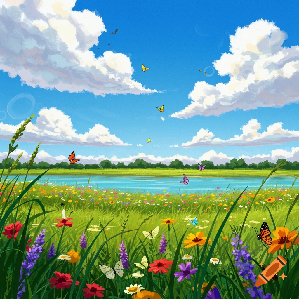 A sunny summer landscape with wildflowers, butterflies, a river, and cloudy sky.