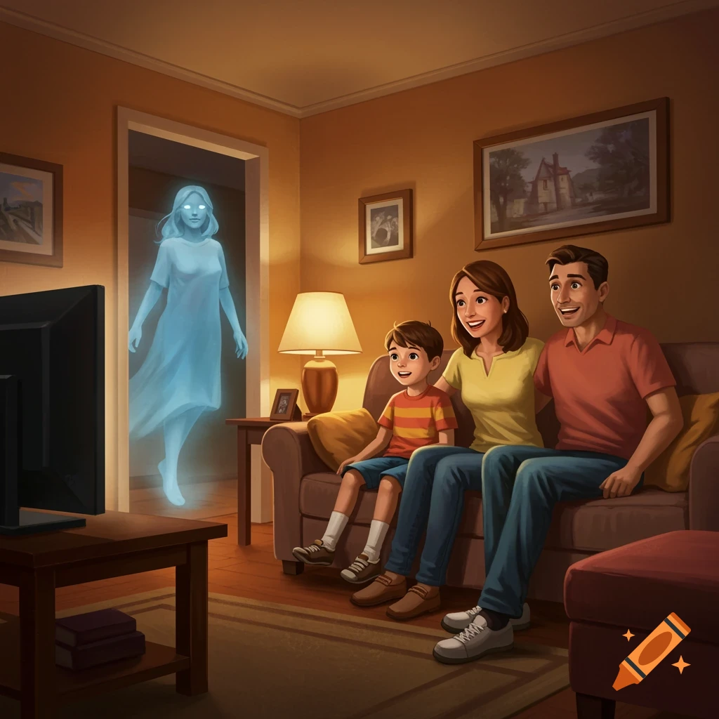 A family watching TV, unaware of a ghost entering the room.