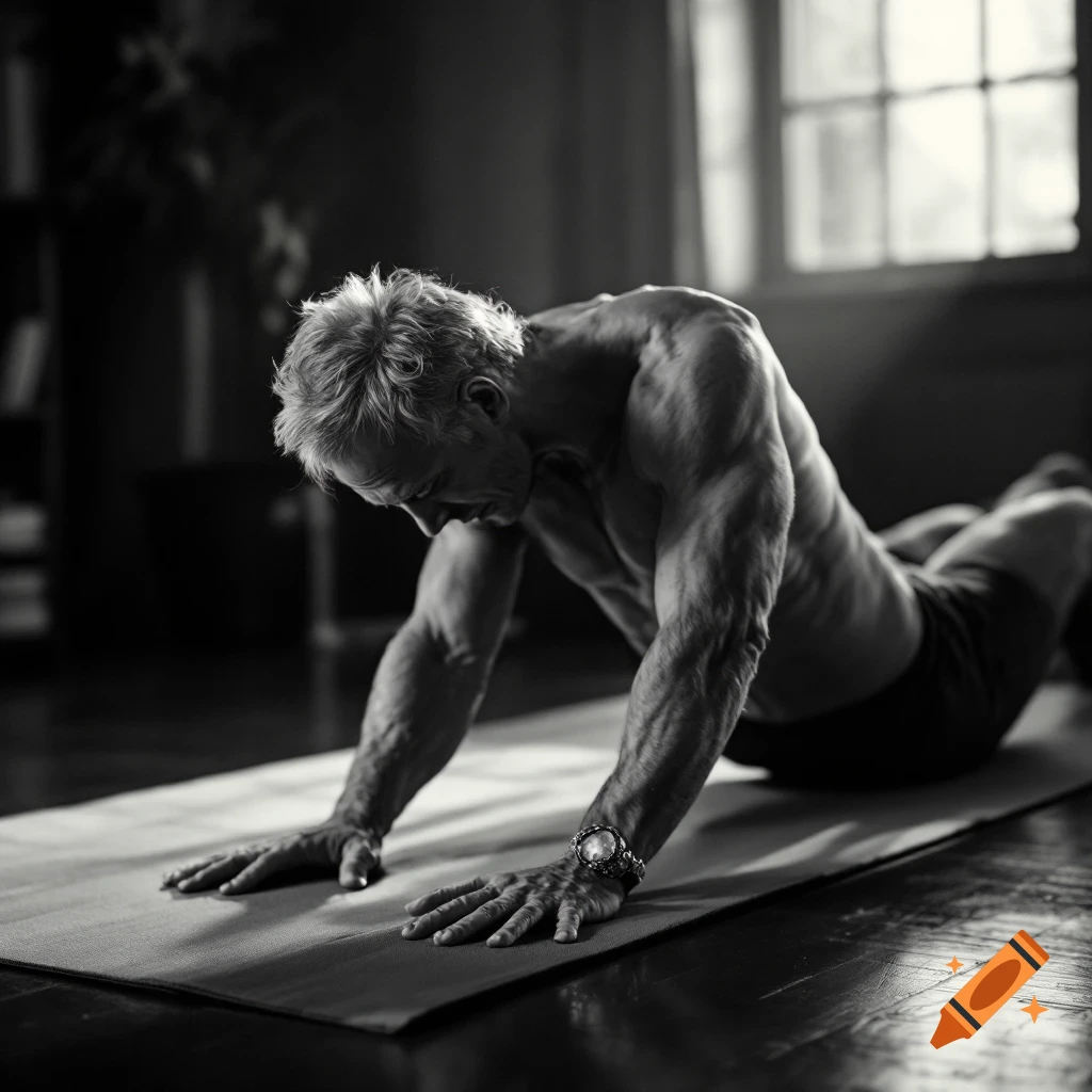 A shirtless older man does a yoga pose on a mat, lit by a window.