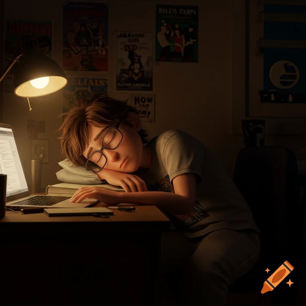 Animated young person with glasses sleeping on a desk beside a laptop and books, Pixar style.
