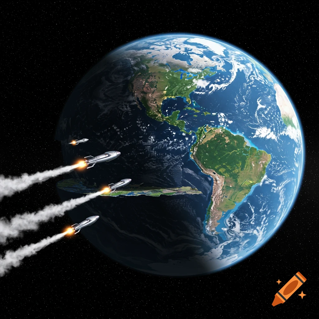 Earth with a quarter cut off orbiting nearby, and rockets flying towards the cut-off piece in space.
